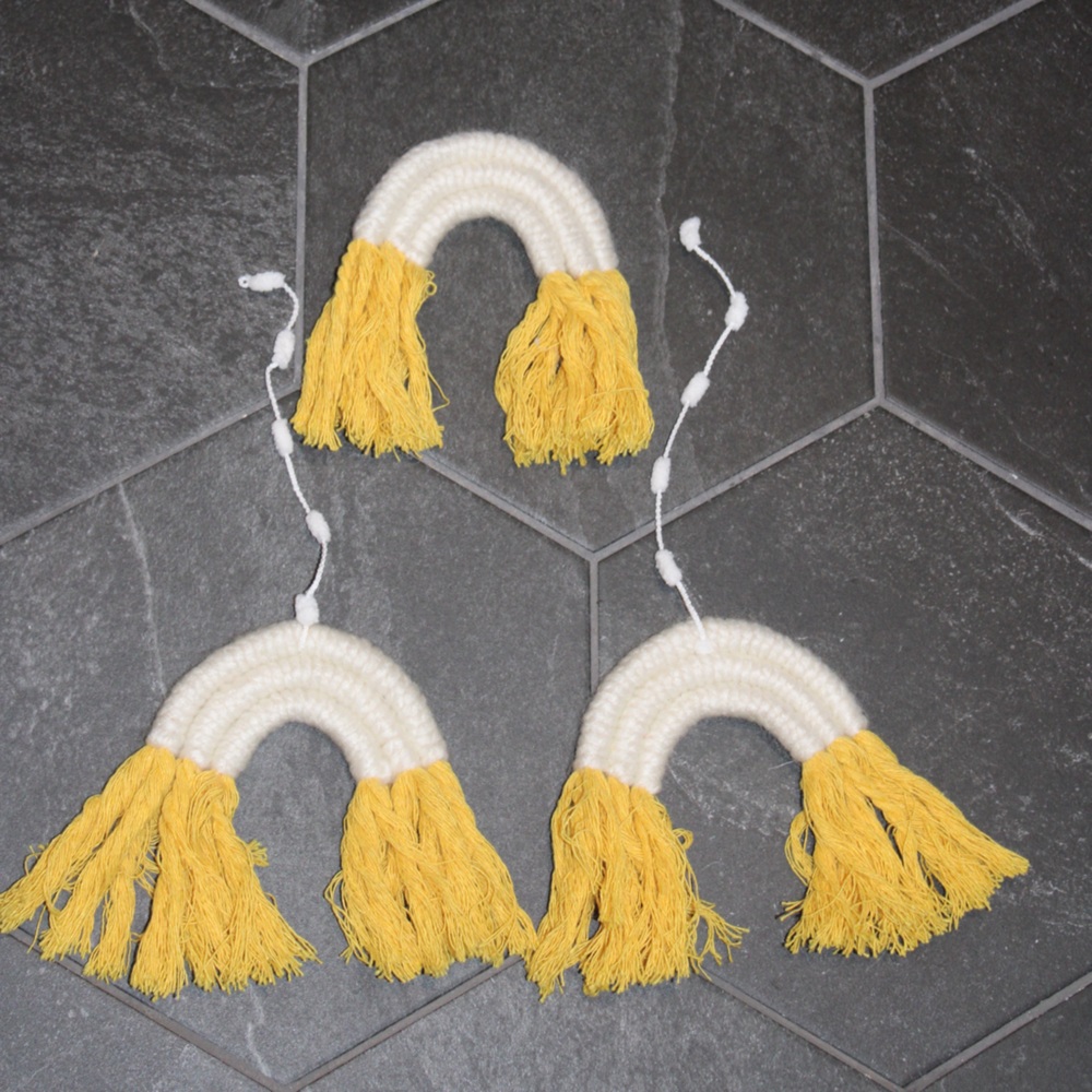Set of 3 Boho Macrame Rainbow Wall Hanging Decor Mustard Yellow Cream Handmade
